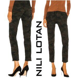 NILI LOTAN Jenna Camo Charcoal Skinny Crop Pants Mid-Rise Zip Pockets Size 0